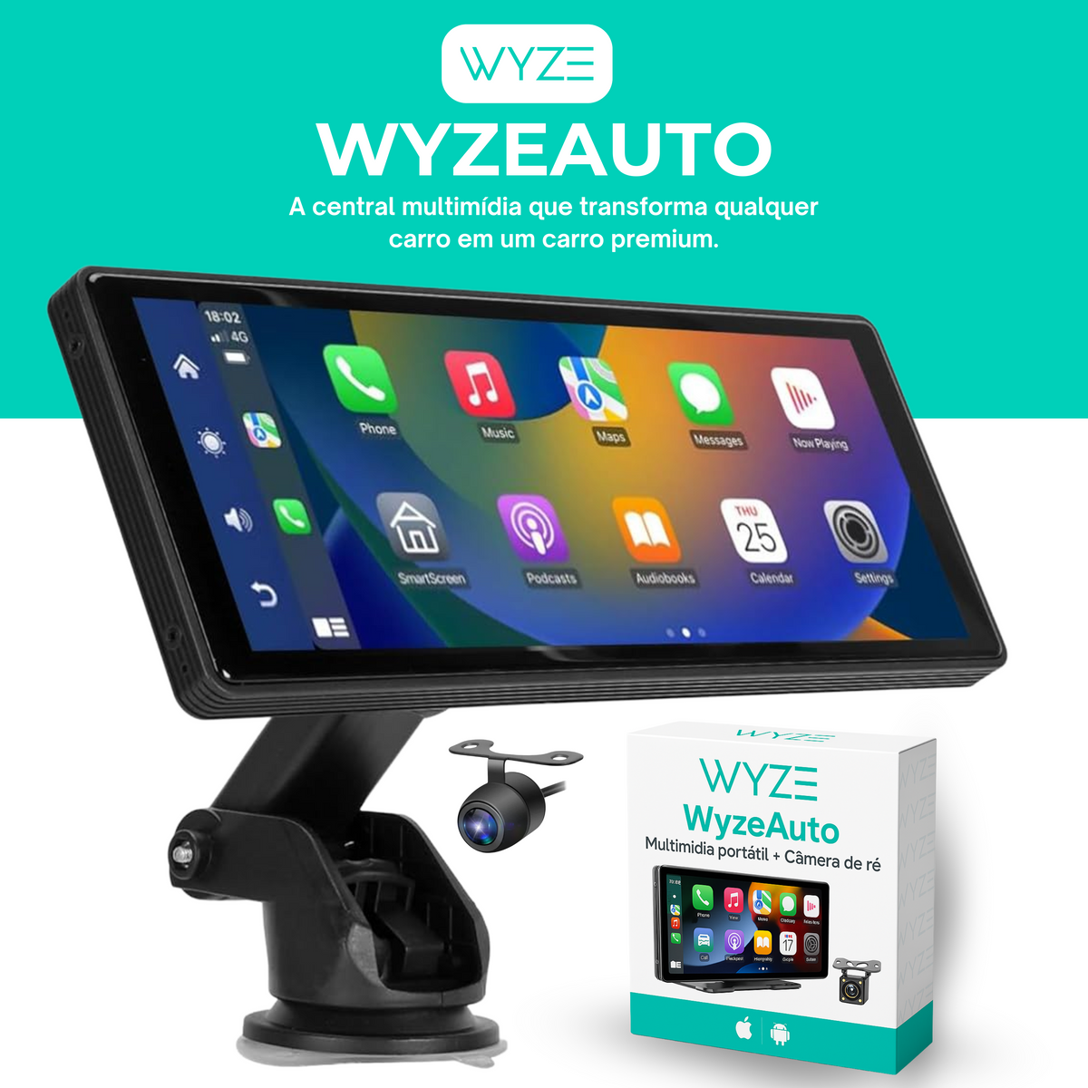 WyzeAuto - Multimídia portátil com Câmera Frontal + BRINDE Câmera de Ré